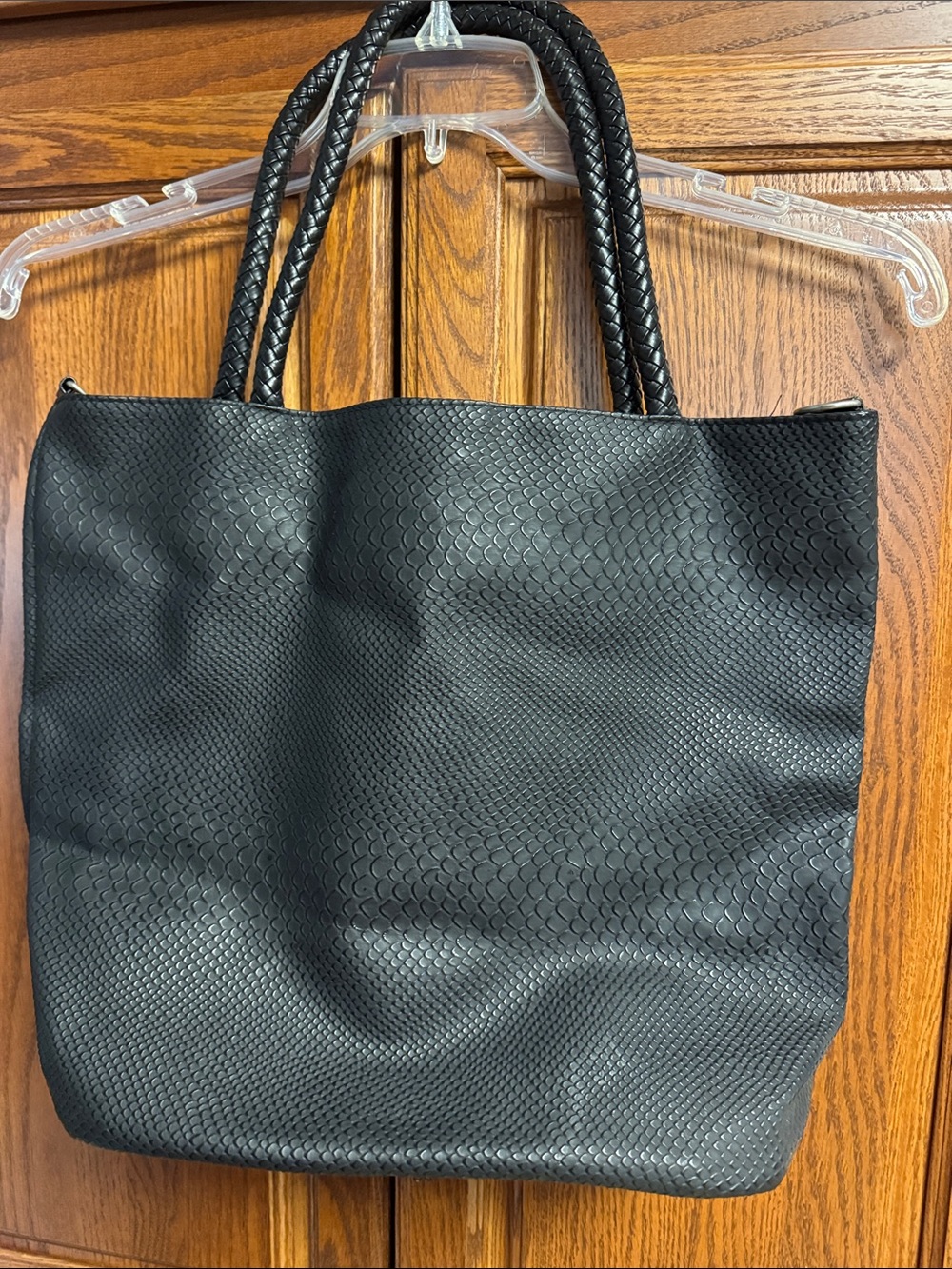 Black Textured Tote Bag with Braided Handles *NWOT